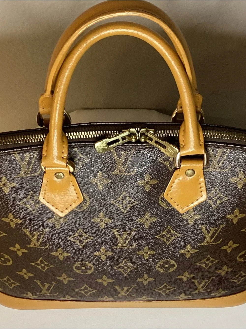 Louis Vuitton Brown Monogram Satchel with Tan Handles